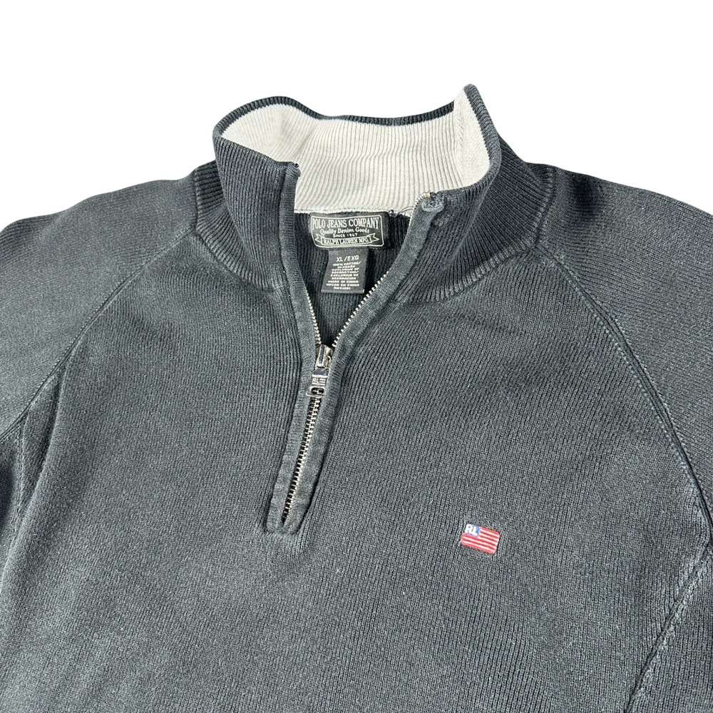 Polo Jeans Co Ralph Lauren Mens XL Black Quarter Zip Ribbed Pullover Vintage